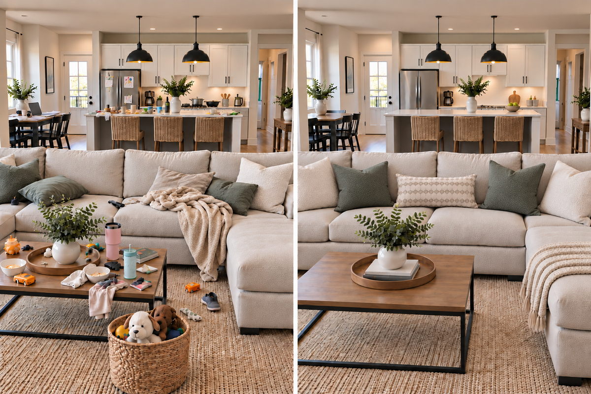 Before-and-after example of a home reset showing the same living room and kitchen untidy, then picked up, organized and reset.