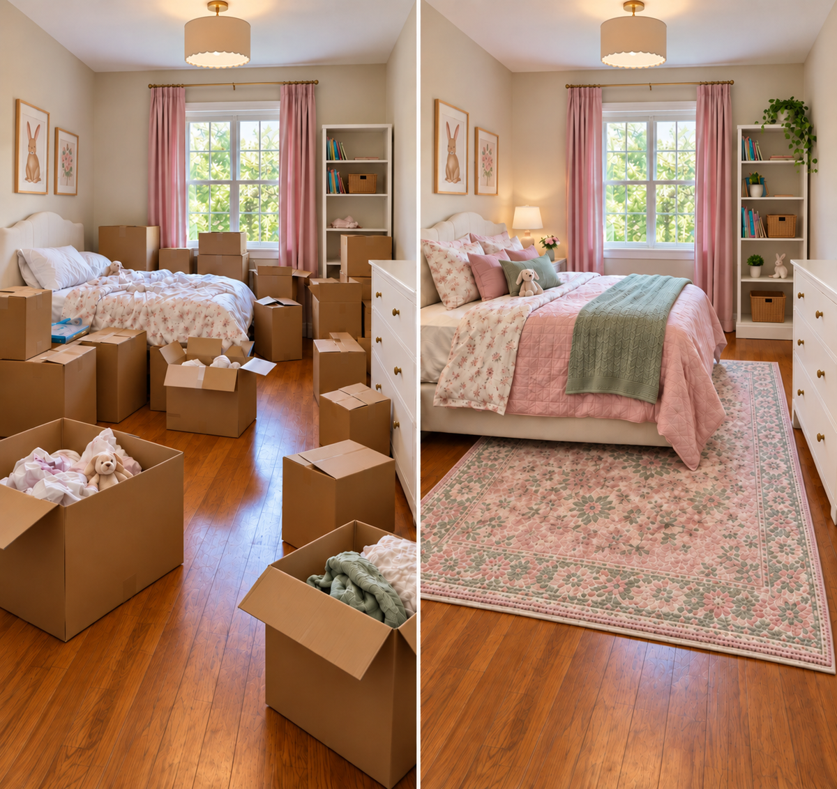 Before-and-after example of a child’s bedroom filled with moving boxes, then unpacked, organized and set up.