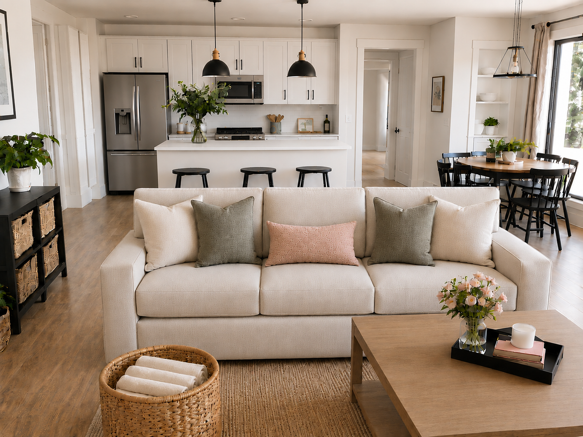 Tidy open-plan living room, kitchen and dining area after a home reset